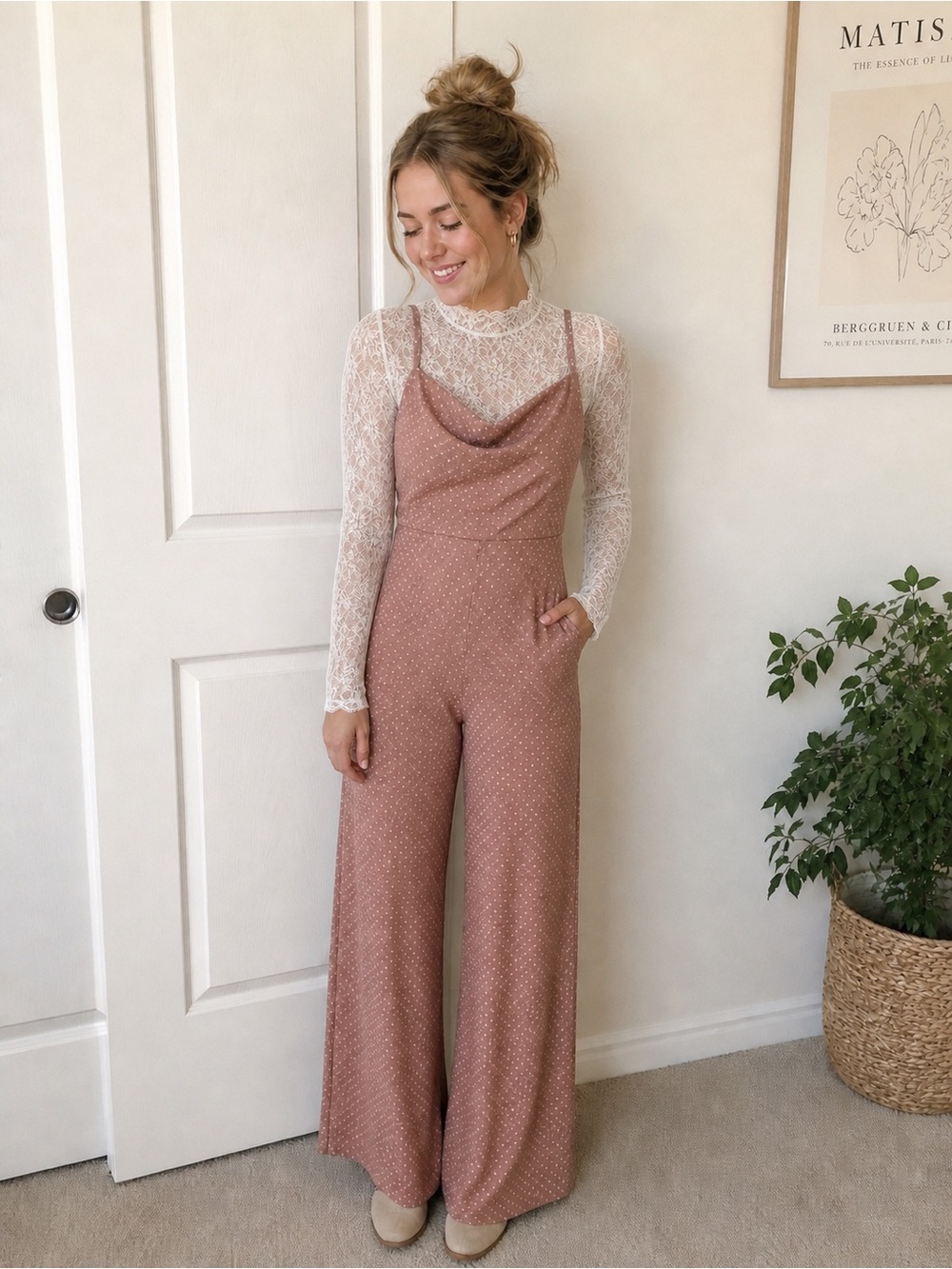 Nic & Jo dusty rose w/white polka dots jumpsuit size m